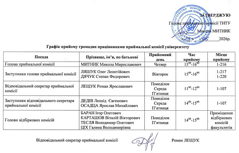 Графік прийому громадян членами приймальної комісії